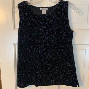 2/$20 - Black velvet with teal/purple scroll glitter design sleeveless top